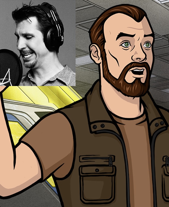 Krieger in brown vest and brown t shirt with arm raised with black and white headshot of Lucky Yates in upper left