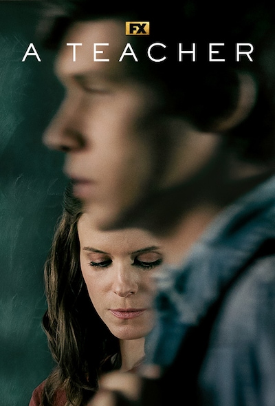 Blurred Kate Mara holding textbook in background standing in classroom with close up of young man's face for FX's A Teacher