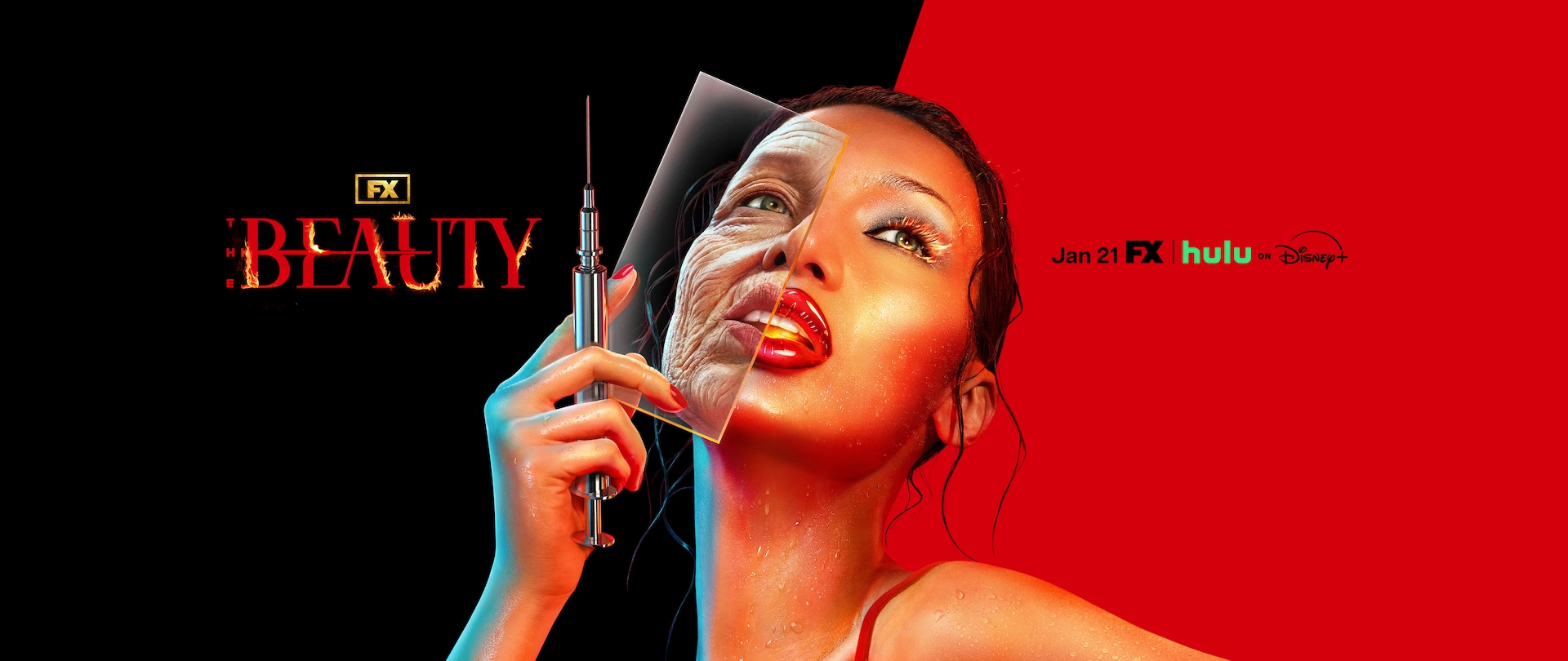 Bella Hadid holding a syringe and glass pane over her face.