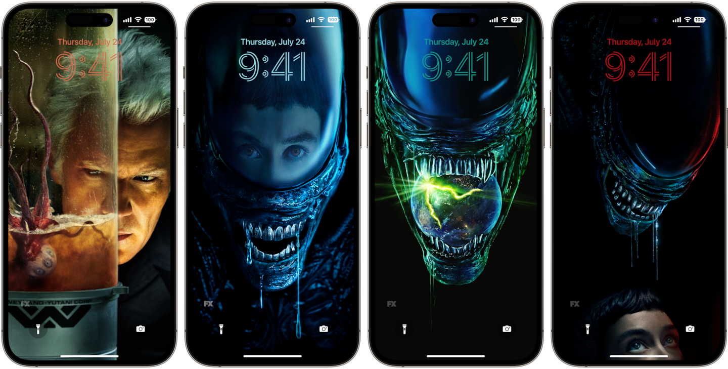4 Images of various Alien: Earth lockscreens in an iPhone