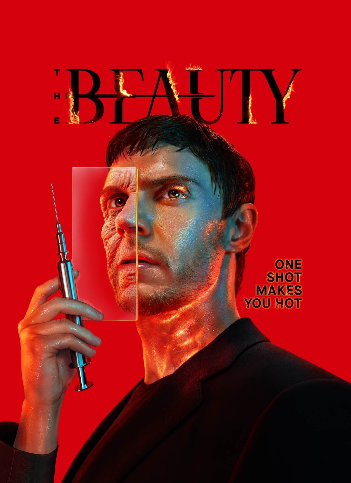 Evan Peters holding a syringe and glass pane over her face.