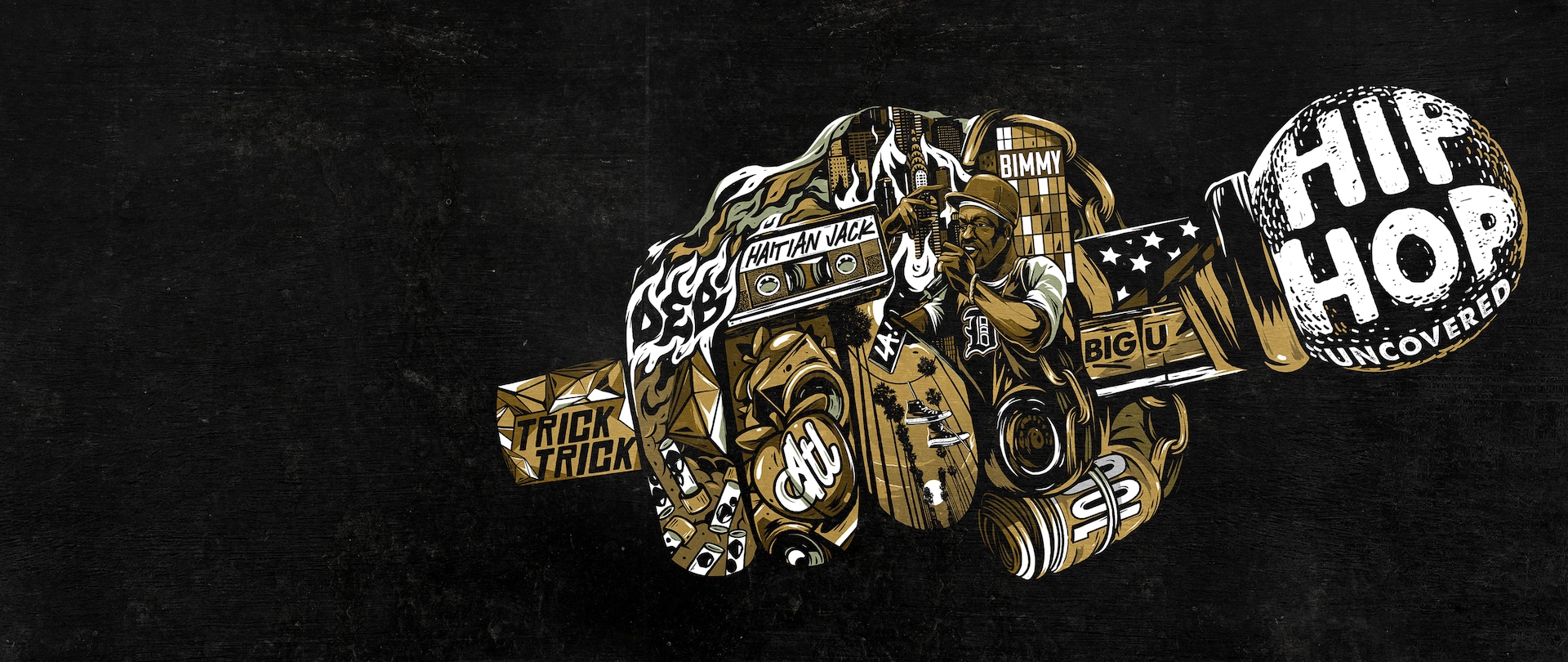 Hand holding mic, with hand containing various artist's names, scenes from ALT, LA, and NY for FX's Hip Hop Uncovered