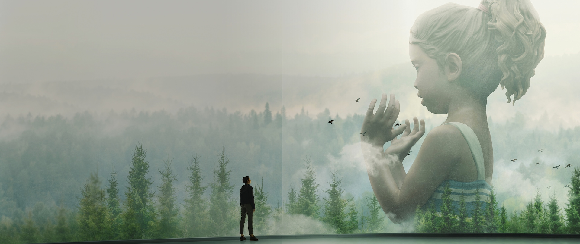 Foggy early morning forest canopy with large statue of a little girl with hands raised in the background with shadowed person