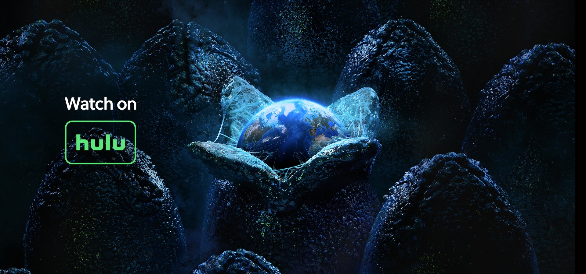 Alien egg cracking open with earth coming out in a blue glow.