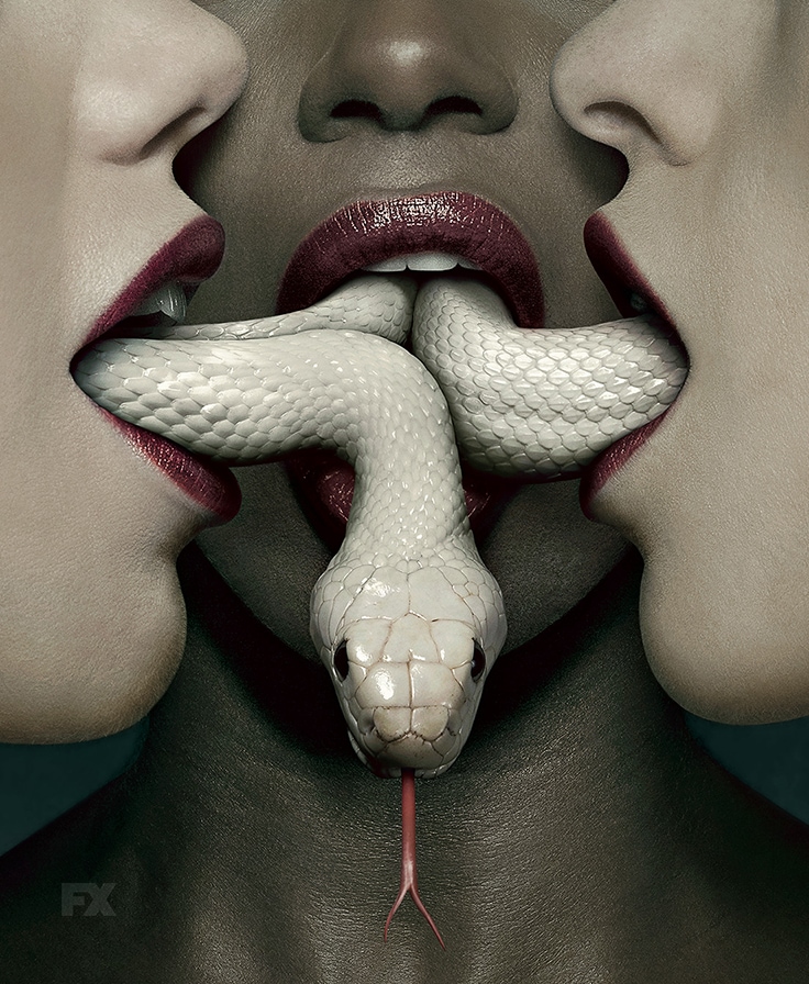 Three women wearing plum lipstick with white snake moving through their open mouths for FX's AHS Coven