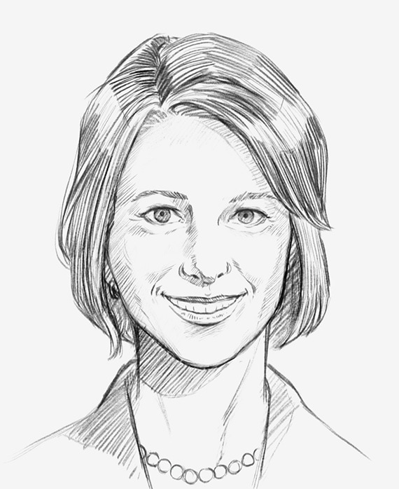 Mary Lisio headshot drawn as a sketch wearing a statement necklace