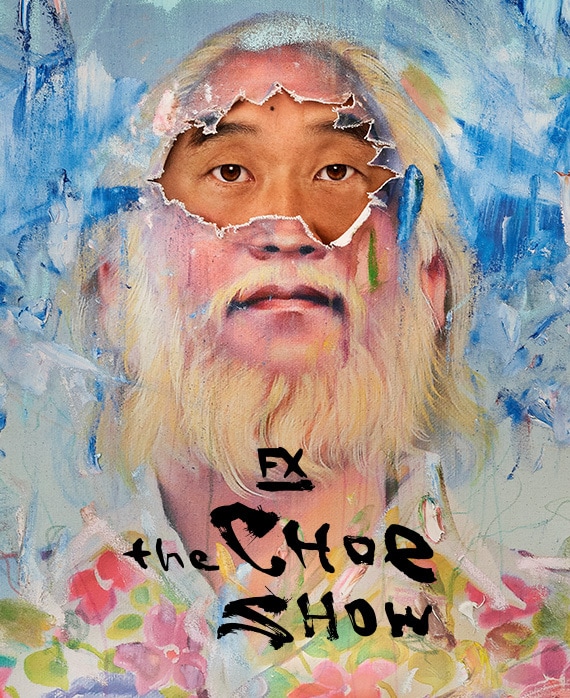 Self portrait painting of David Choe in a floral shirt and blue background with part of the canvas torn open to show his eyes