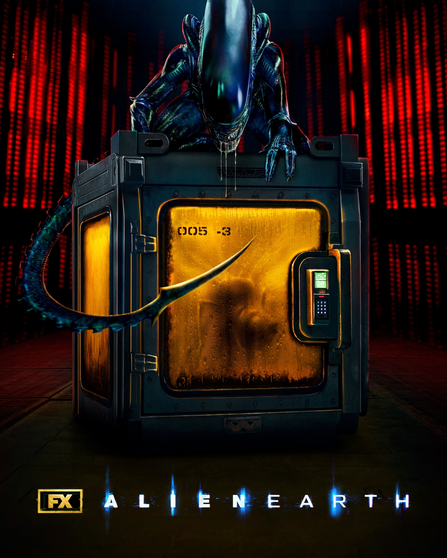 A Xenomorph crouched on a large yellow crate. 