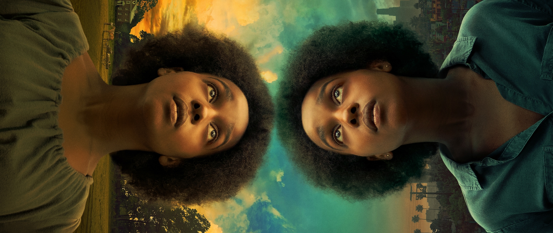 Vertically mirrored image with Dana James dressed in different attire on each side based on the time period for FX's Kindred