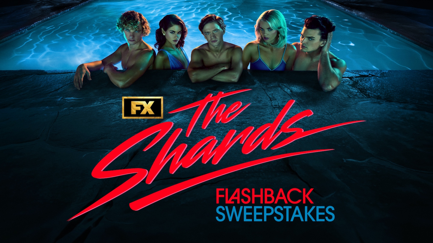 FX's The Shards cast posing inside of a pool at night, with the flashback sweepstakes in red and blue text.