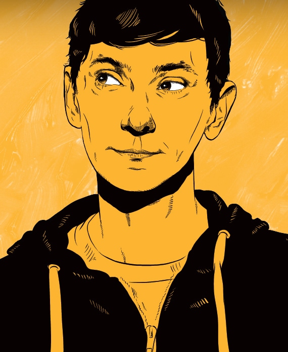 DJ Qualls headshot drawn in animated style with black in hoodie and white tee, filled in with light orange yellow color