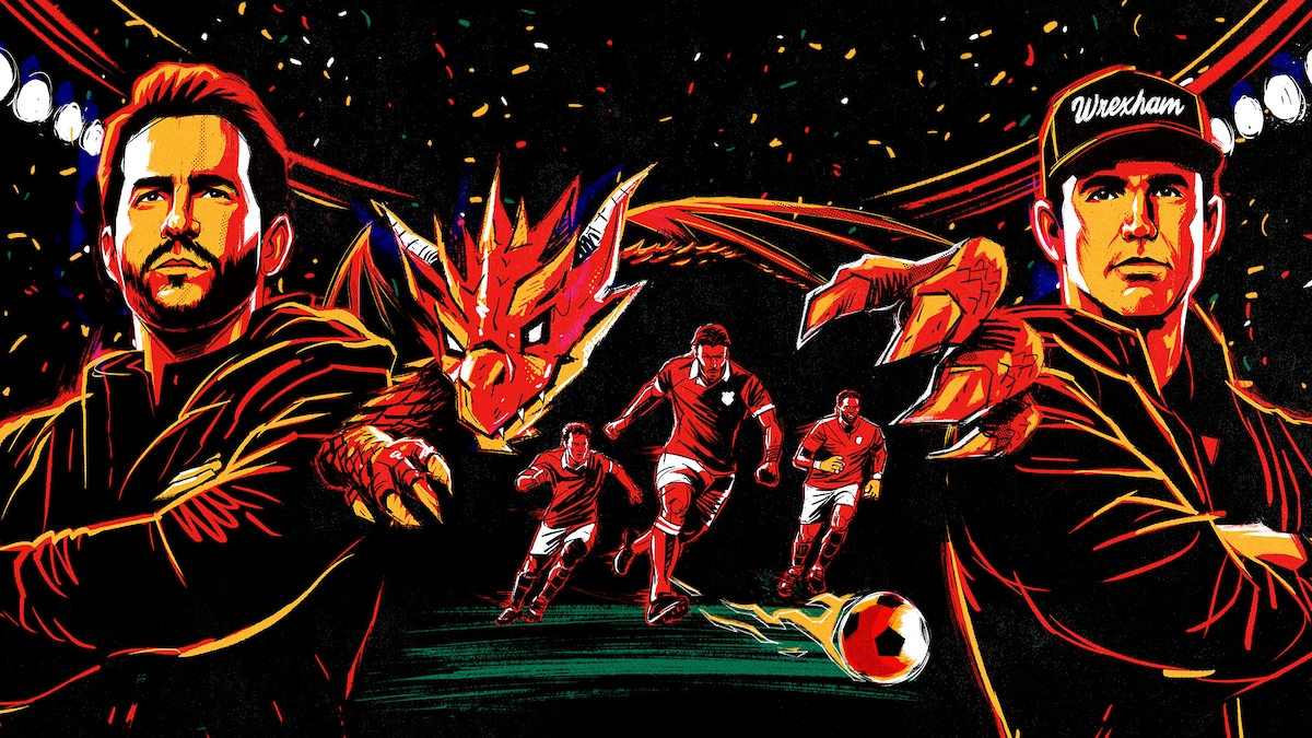 Ryan and Rob hovering over a soccer stadium with a dragon holding a trophy in front of them