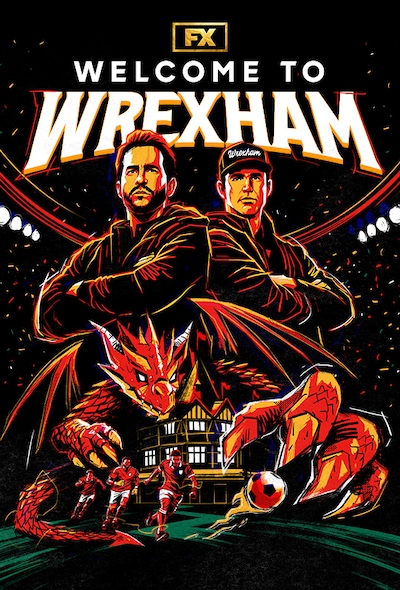 Two large heads of Ryan and Rob overlooking the team with a dragon blowing fire in the background.