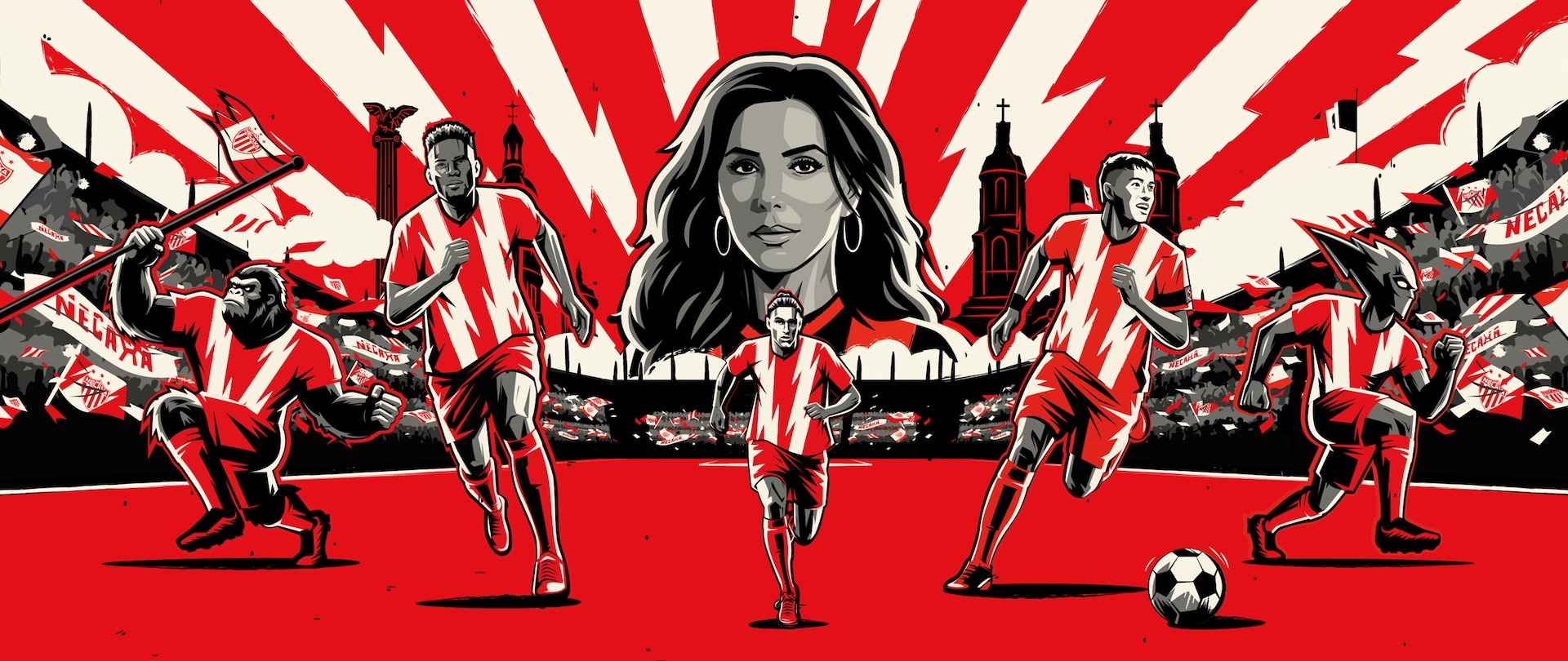 Eva Longoria drawn above the players of Club Necaxa running on the pitch surrounded by white lightening bolts.