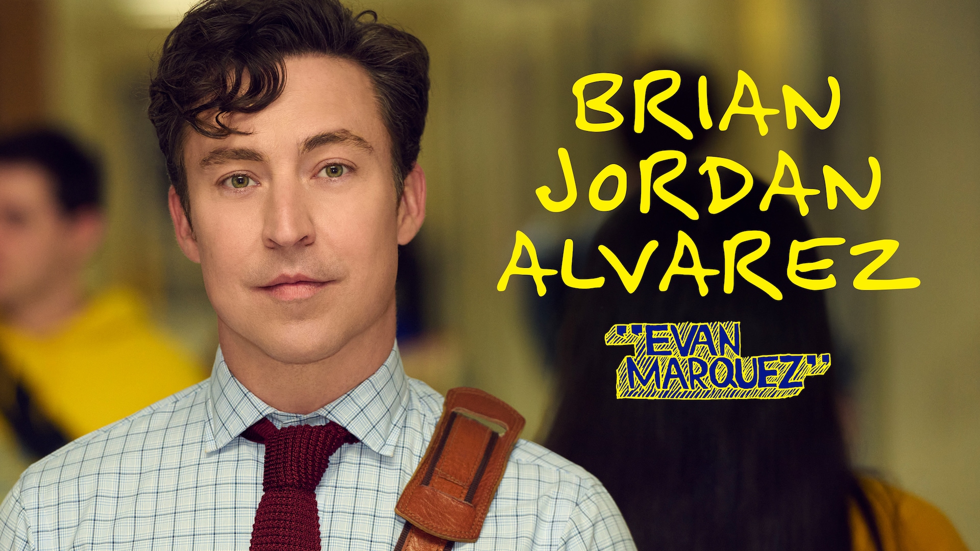 Brian Jordan Alvarez as Evan Marquez for FX's English Teacher, wearing white patterned button up and red tie.