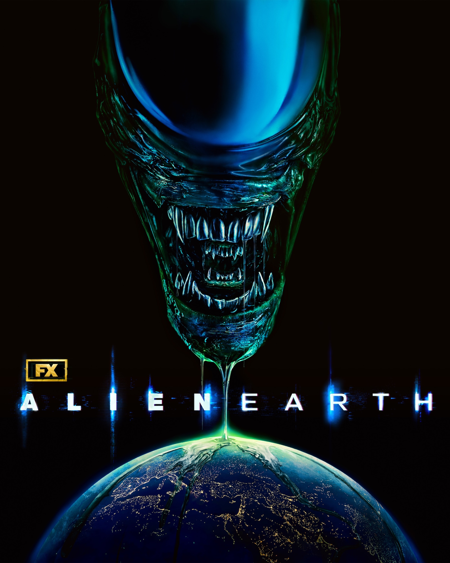 Xenomorph head hovering over Earth with green goo dripping from its chin.