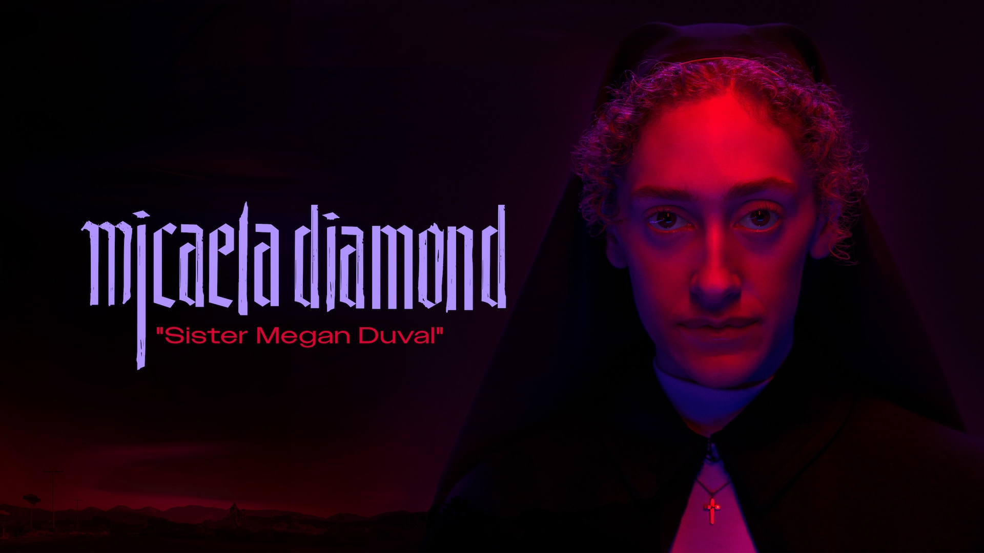 Micaela Diamond as Sister Megan Duval in FX's Grotesquerie, wearing a habit with a pink light shinning on her.