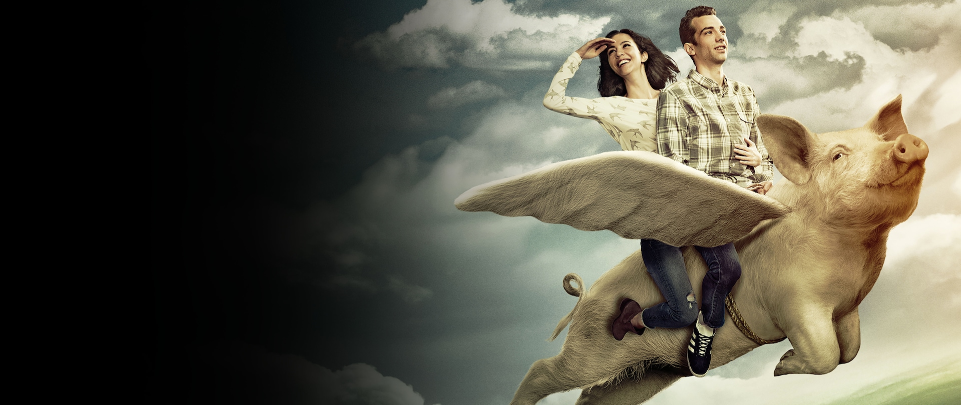 A man and woman riding on the back of a large pig with wings in the sky for FX's Man Seeking Woman