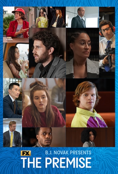 Collage of characters presented in squares with a blue patterned background