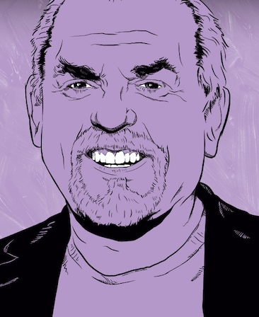 John Ratzenberg headshot drawn in animated style with black jacket and shirt with white teeth, filled in with purple color
