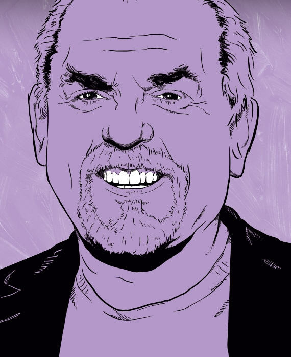 John Ratzenberg headshot drawn in animated style with black jacket and shirt with white teeth, filled in with purple color