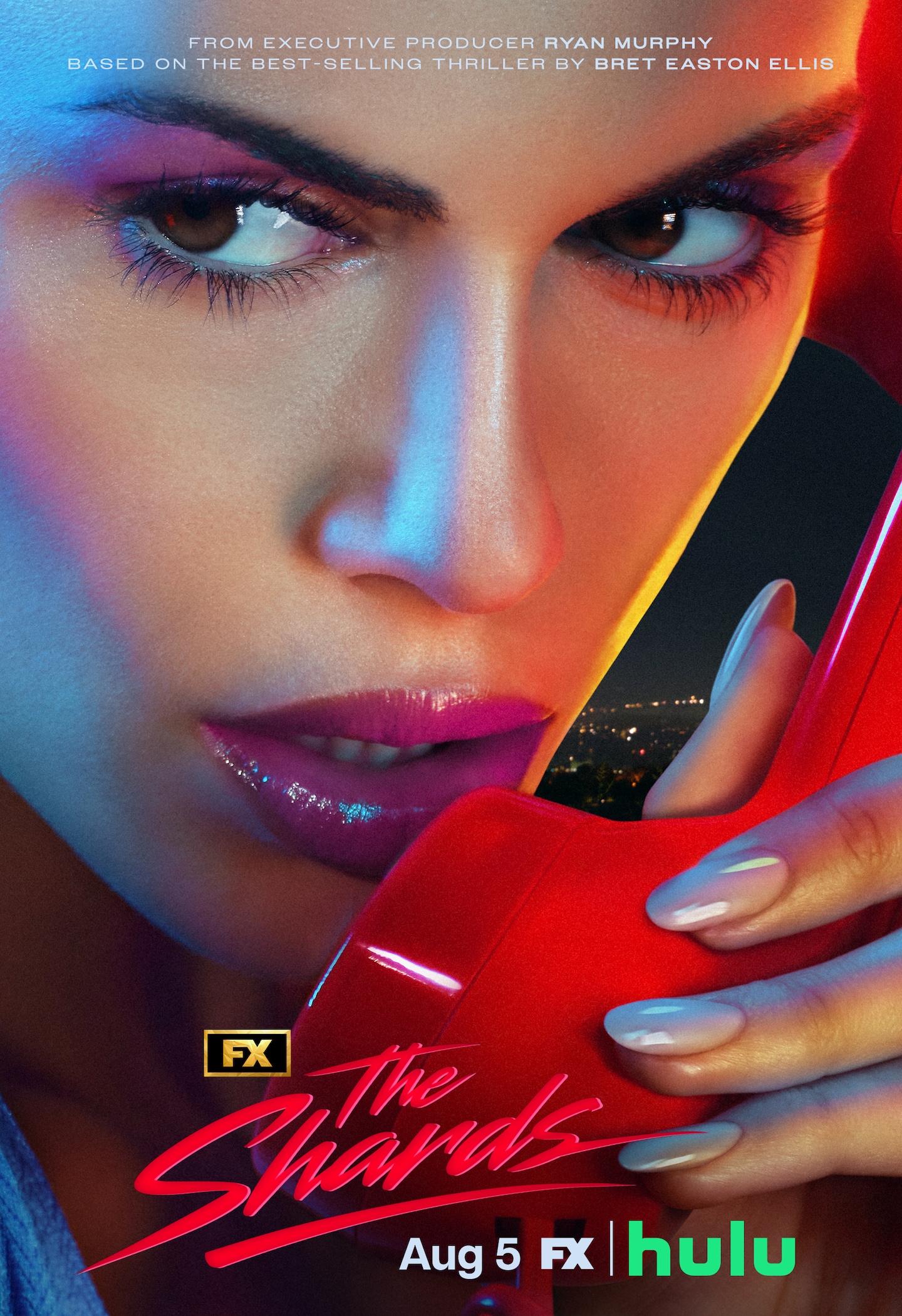 FX's The Shards Kaia Gerber picking up a red phone looking away from the camera with pink makeup and nude nails.