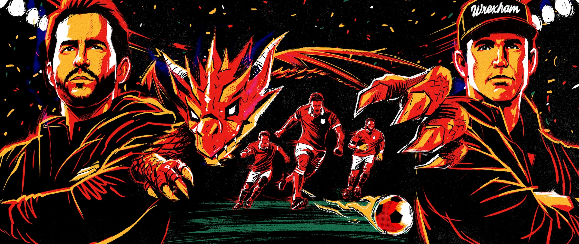 Ryan and Rob's cartoon heads floating with a soccer player and dragon in the background