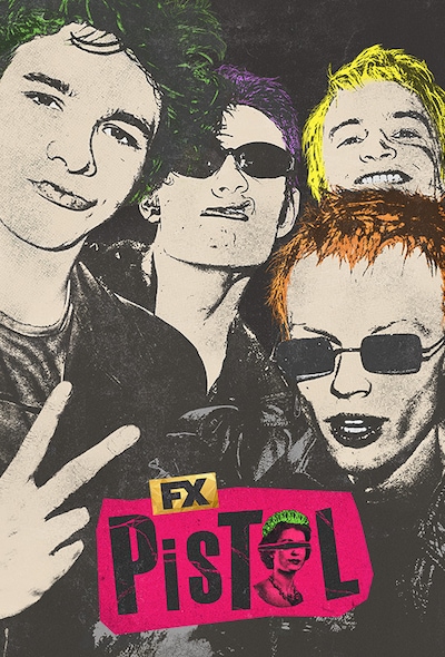 Pop art style of a grainy paparazzi group shot of the Sex Pistols in black and white with only their hair in bright colors