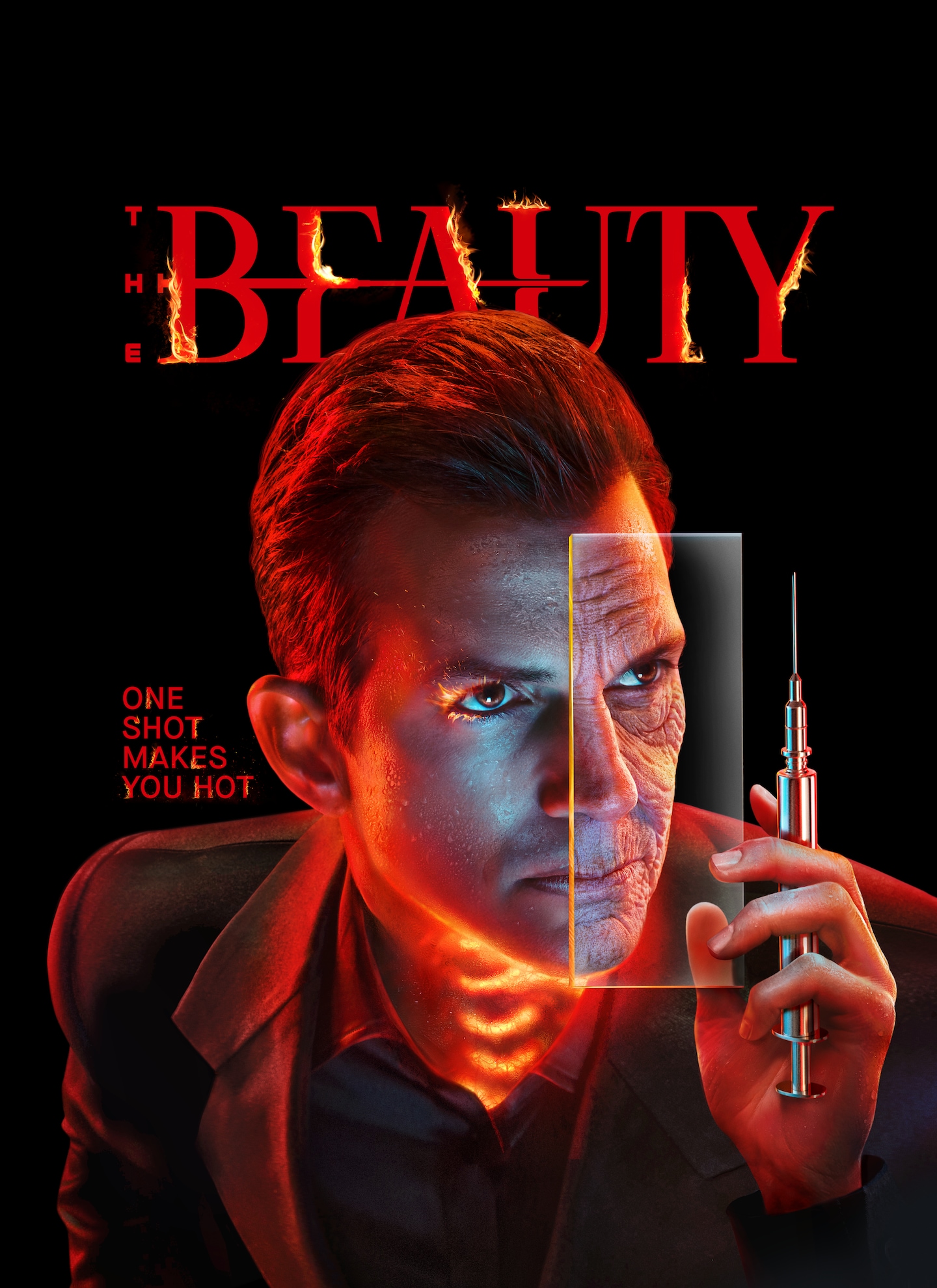 Ashton Kutcher holding up a needle and glass pane with his body glowing.