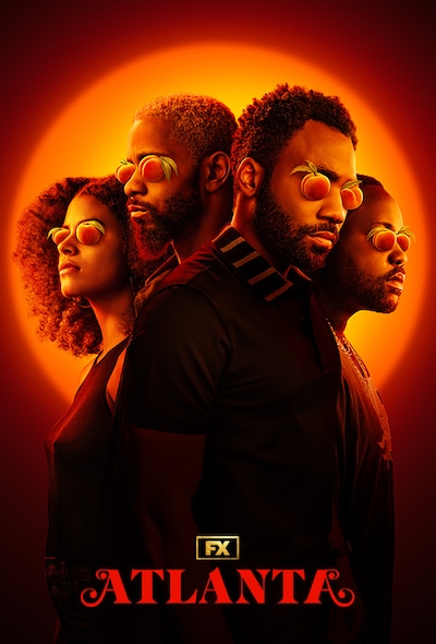 Cast of FX's Atlanta with peaches overlayed on their eyes and orange sun glowing behind them